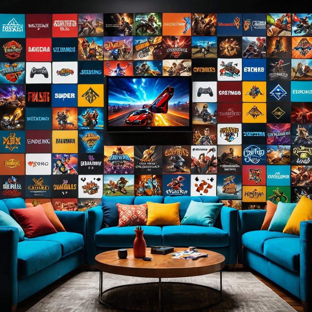 A vibrant collage showcasing various entertaining games, from casual board games and family-friendly video games to competitive esports tournaments. Include elements like game controllers, dice, playing cards, and a cheering crowd. The background should blend seamlessly between a cozy living room and a high-energy gaming arena, capturing the transition from relaxed fun to intense competition. Indulge in bold colors and dynamic silhouettes to reflect excitement and variety. super-realistic. vibrant colors. high energy.