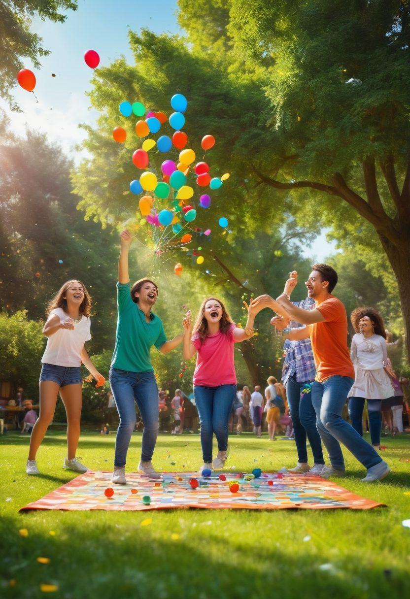 A lively and colorful scene depicting people of all ages joyfully engaging in various games like board games, outdoor sports, and video games. Bright confetti falls from above, while laughter and excitement radiate around a sunny park setting filled with greenery. Incorporate playful elements such as balloons and game pieces scattered on the grass. The atmosphere is vibrant and inviting, capturing the essence of fun and togetherness. cartoon style. vibrant colors. 3D.