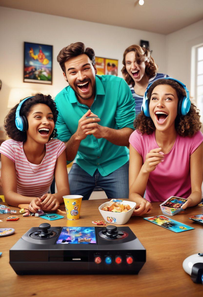 A lively scene depicting a diverse group of family and friends gathered around a gaming console, joyfully engaged in multiplayer gaming. The room is decorated with colorful posters of popular games, snacks scattered on the table, and everyone wearing headsets while laughing and cheering. Vivid expressions on their faces showcase the fun and excitement of gaming together. bright colors. dynamic composition. 3D.
